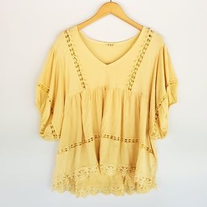 POL Soft Yellow Boho Lace Detail Oversized Top
